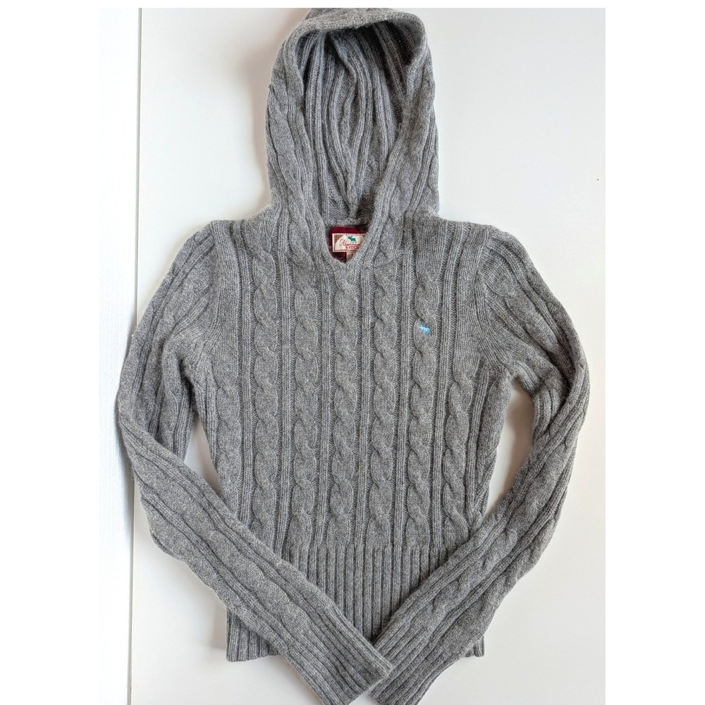 Abercrombie & Fitch Grey Cable Knit Angora Blend Hooded Sweater JUNIOR Size M
